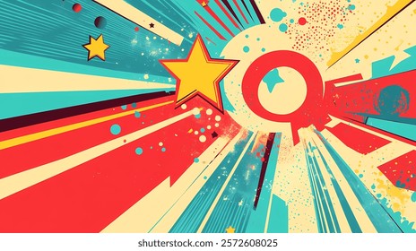 This abstract retro design features a vibrant color palette of red, yellow, blue, and teal, along with geometric shapes, stars, and splatters, creating a dynamic and eye-catching composition.