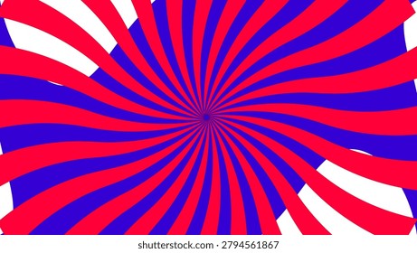 This abstract a vibrant radial pattern composed of alternating curved stripes in bold red and deep blue. The stripes emanate from a central point, creating a dynamic, swirling vortex effect that draws the eye inward. The composition is set against a clean white background, enhancing the contrast and vivid color saturation of the geometric lines. The overall visual style is reminiscent of optical characterized by rhythmic repetition and a sense of rotational motion.