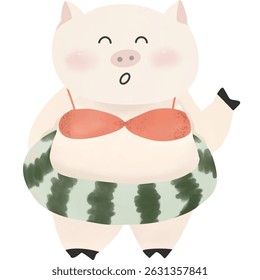 This adorable cartoon pig is ready for a day at the beach.Dressed in a cute red bikini top and a watermelon-patterned swim ring.