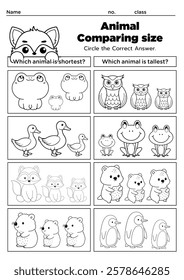 This Animal Comparing Size Worksheet helps kindergarten kids learn size comparison by identifying big and small animals. Fun, engaging, and educational for preschool or home learning activities.