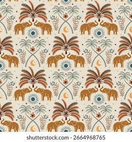 This artistic pattern showcases a harmonious tropical safari scene on a light beige background. The design features majestic golden-brown elephants standing beneath tall palm and date trees, accompani