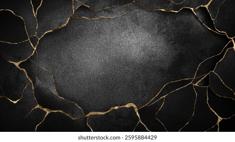 This artwork features an abstract design characterized by a mix of black hues and gold accents. The intricate patterns add a touch of sophistication to any setting.