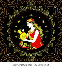 This artwork features a celestial Aquarius maiden holding a flowing water vessel, illustrated in an elegant vintage line-art style. Surrounded by ornate mandala patterns, glowing stars, and sacred geometric elements, the design symbolizes wisdom, balance, and cosmic energy. The rich gold and red tones on a deep black background create a mystical and timeless atmosphere, making this artwork perfect for astrology lovers, spiritual decor, zodiac-themed products, and cosmic art collections.
