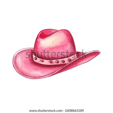 This artwork features a charming pink cowboy hat, showcasing delicate watercolor details that add depth and vibrancy. The unique design reflects a playful and artistic style.