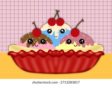 This artwork features three adorable scoops of ice cream with bright pastel colors and cheerful kawaii faces, each topped with a cherry. The red bowl enhances the warm and playful mood of the scene.
