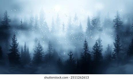 This atmospheric image captures the serene and mysterious beauty of a winter forest shrouded in mist. Tall, dark pine trees stretch into the distance, their forms softened by the thick fog. - Powered by Shutterstock