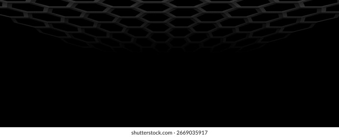 This background features a dark hexagonal grid with a sleek, futuristic feel. Its metallic tones and fading depth create a modern, high-tech look, perfect for digital, gaming, or branding designs.