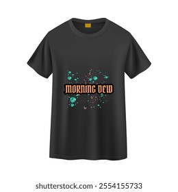 This black t-shirt features a captivating design with the text "MORNING DEW" in bold, stylized font. The text is highlighted with an orange hue and a black outline, creating a striking contrast - Powered by Shutterstock