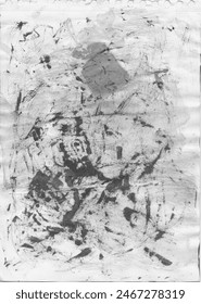 This black and white abstract artwork is lined with dynamic marks in black; the strokes vary in thickness, instilling a sense of chaotic movement