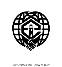 This black-and-white logo features a central hexagon containing a lighthouse flanked by the letters 