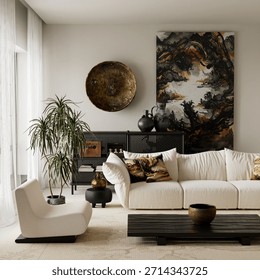 This bold japandi interior combines calm minimalism with stronger contrast, natural materials and sculptural furniture. Balanced tones and refined details create modern depth and visual harmony. 3D illustration