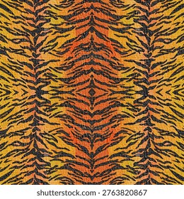 This bold seamless pattern features dramatic tiger-inspired stripes in deep black layered over a vibrant fiery orange and golden watercolor background. The design blends wild animal print aesthetics with an abstract symmetrical layout, creating a powerful and energetic textile pattern. Perfect for fashion, home decor, phone cases, stickers, fabrics, and modern accessories that need a striking jungle-inspired look.
