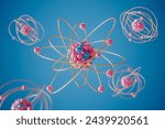 This captivating 3D illustration showcases a colorful atom model with dynamic electron orbits, set against a vivid blue backdrop, highlighting modern scientific visualization.