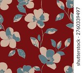This captivating seamless pattern presents a sophisticated arrangement of two-tone flowers in muted blue and soft beige, complemented by delicate leaves, all set against a lush, dark burgundy background.
