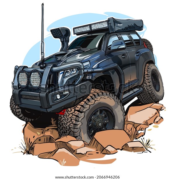 This is cartoon of\
4wd car with bis\
wheels