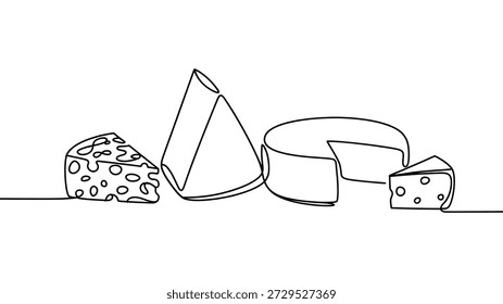 This charming continuous line drawing displays a delightful assortment of cheese, featuring different shapes and sizes. It's perfect for conveying ideas related to dairy, gourmet food, and culinary experiences in a simple, artistic style