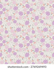 This charming floral pattern showcases pastel purple, pink, and white flowers with green leaves, arranged in a harmonious, repeating design suitable for textiles, wallpapers, and stationery