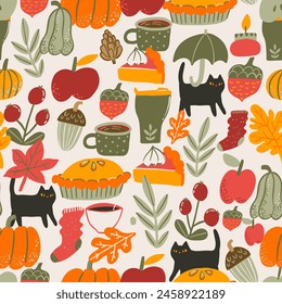 This charming seamless pattern captures the essence of autumn with vibrant fall foliage, a cozy cat, and steaming cups of coffee. Perfect for adding a touch of warmth and comfort to any design. 