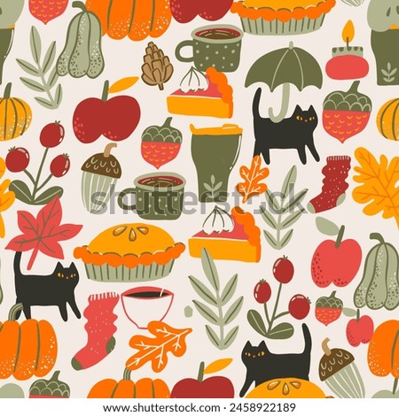 This charming seamless pattern captures the essence of autumn with vibrant fall foliage, a cozy cat, and steaming cups of coffee. Perfect for adding a touch of warmth and comfort to any design. 