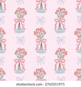 This charming seamless pattern features hand-drawn illustrations of small bouquets of red roses arranged in light blue vases, each adorned with a delicate pink ribbon. Scattered throughout the soft pink background are additional light blue bows, enhancing the sweet and romantic aesthetic. Perfect for textiles, stationery, digital papers, or any design needing a touch of floral elegance and cuteness. The repeating design ensures versatility for various applications.
