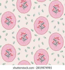 This charming seamless pattern features delicate hand-drawn pink flowers with yellow centers, arranged in small bouquets within scalloped pink oval frames. Scattered green leaves fill the light beige background, creating a soft, vintage, and romantic aesthetic. Ideal for textiles, wallpaper, invitations, or digital backgrounds. The design evokes a sense of nostalgia and gentle beauty.