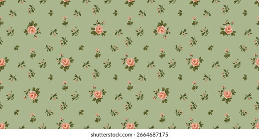 This charming seamless pattern showcases a vintage floral design with scattered pink and peach roses, along with small leafy sprigs and buds, all set against a soft, muted green background.