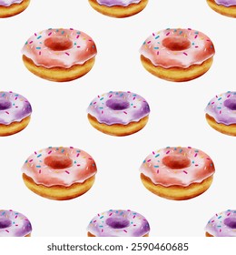 This cheerful seamless pattern features watercolor donuts in pink and purple colors, ideal for textiles and wrapping.