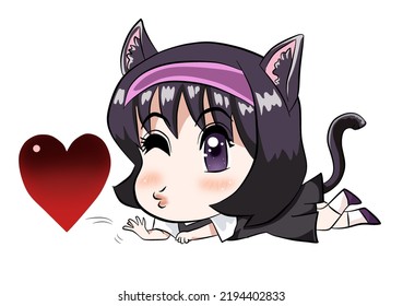 This Is A Chibi Anime Style Illustration Of A Girl Playing Around And Forming A Sign Of Love. 
She Wears A Cat Costume, Has Cat Ears And Has A Tail.