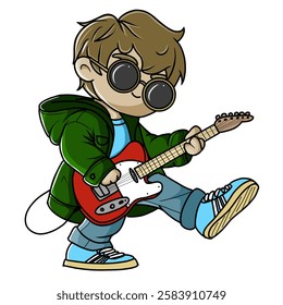 this chibi-style vector shows a cool indie musician boy. he wears a green jacket, blue shirt, jeans, and sneakers. with big round glasses, he plays a red electric guitar happily, looking stylish.