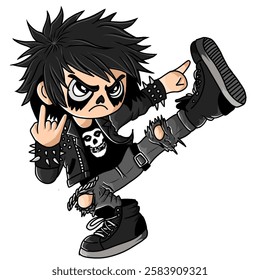 this chibi-style vector shows a punk rock boy with spiky black hair, dark makeup, and an angry face. he wears a spiked jacket, ripped jeans, and boots.