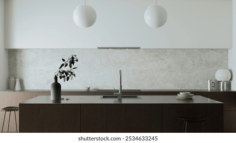 This chic and stylish kitchen design features a wonderful island, elegant pendant lights, and a subtle color palette. 3D Illustration - Powered by Shutterstock