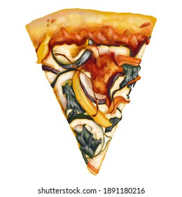 This Classic Veggie Pizza Illustration With Colorful Roasted Vegetables. Pizza With Eggplant, Zucchini Or Yellow Squash, Oil Divided, Sliced Red Onion,  Red Bell Pepper, Yellow Bell Pepper, Mozzarella