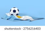 This clean 3D illustration features a traditional soccer ball positioned atop the folded fabric of the Argentine national flag. The flag’s distinctive design—comprising horizontal bands of light blue and white—is draped naturally, showcasing the golden Sun of May (Sol de Mayo) at its center. The scene is set against a minimalist solid light blue backdrop, highlighting the country