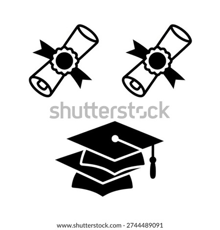 This clean graphic presents essential academic symbols: two stylized diplomas tied with ribbons and a stack of three graduation caps. The icons collectively represent education, higher learning, successful completion of studies, and the milestone of graduation, perfect for educational materials or celebratory announcements and achievements.