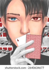 This close-up digital illustration features a striking figure with heterochromia (one blue, one red eye) holding playing cards, specifically an Ace of Hearts. The background hints at a chain-link.