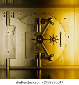 Este primer plano muestra una puerta de bóveda de color dorado sólido, que encarna una seguridad sin precedentes y la preservación de la riqueza, con un enfoque en su textura metálica intrincada y diseño robusto.