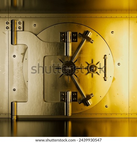 This close-up showcases a solid gold-colored vault door, embodying unparalleled security and wealth preservation, with a focus on its intricate metallic texture and robust design.