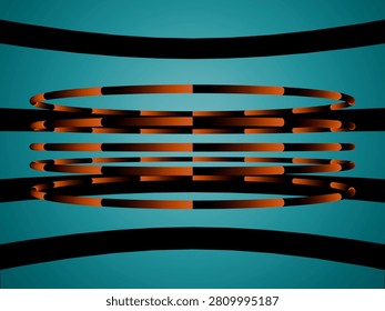 This composition captures a striking juxtaposition between vibrant warmth and cool tranquility. Perfectly circular rings of rich burnt sienna appear to float in suspension, anchored within a calm, expansive cyan atmosphere that radiates outward. The rhythmic alignment of these structures against subtle, sweeping curves in the background creates a sense of infinite, organized space. It is a visual exploration of balance and tension, offering a sophisticated, high-contrast aesthetic that brings a meditative yet dynamic energy to any professional digital environment or artistic display