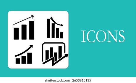 This comprehensive vector icon set showcases growth charts, bar graphs, and analytics symbols, designed to visually represent data analysis, business growth, financial reporting, and performance track