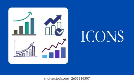 This comprehensive vector icon set showcases growth charts, bar graphs, and analytics symbols, designed to visually represent data analysis, business growth, financial reporting, and performance track