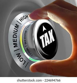 This concept illustration shows a button with three levels of tax and fingers adjusting the amount to be as low as possible.