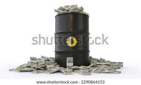 This conceptual 3D illustration features a classic black industrial oil drum as the central focus against a clean white background. A yellow circular seal with a black oil drop icon is centered on the barrel. The image vividly depicts the intersection of energy and finance: massive stacks of bundled US Dollars overflow from the top of the barrel and form a disorganized pile around its base. The lighting is bright and even, emphasizing the contrast between the dark metal and the light green currency.