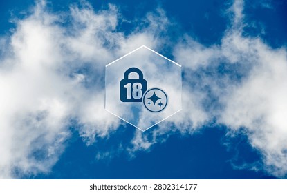 This conceptual image features a glossy glass hexagon shape floating against a backdrop of a vibrant blue sky with fluffy white clouds. Inside the glass, a dark blue padlock icon marked with the number eighteen is paired with a sparkling AI symbol. This unique digital design visualizes data protection, advanced technology, artificial intelligence, and smart security systems, perfectly suited for modern tech, internet privacy, or innovative software concepts.