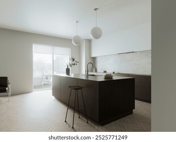 This contemporary kitchen design features a spacious island, an abundance of natural light, and stylish fixtures. 3D Render. 3D Illustration
