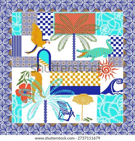 This is a decorative patchwork-style illustration that blends Mediterranean, tropical, and contemporary art influences into one vibrant composition. The design feels like a travel postcard collage, where different cultures, patterns, and motifs meet in a playful, artistic way.