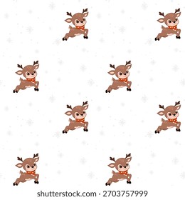 This design features multiple playful reindeer, each wearing a cozy scarf, set against a white background with soft snowflakes, ideal for holiday-themed projects.