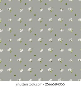 This design features a soft snowdrop pattern against a gray background, ideal for textile and wrapping paper.