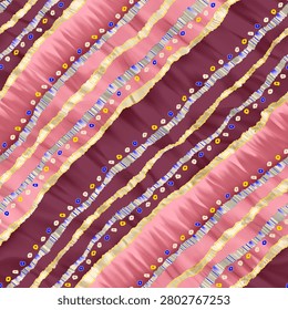 This design features a vibrant and rhythmic abstract pattern composed of flowing, wavy diagonal stripes. The stripes alternate between shades of pink and deep maroon, creating a rich and warm color contrast. Each band is bordered with soft cream and golden-yellow edges, giving the pattern a slightly textured and layered appearance.