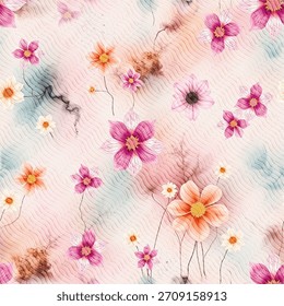 This design is a vibrant, seamless pattern featuring abstract cosmos-style flowers. It is characterized by its soft, watercolor-like appearance and a textured background that gives it a rustic