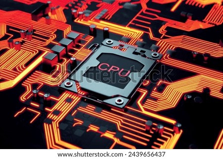 This detailed 3D rendering showcases a powerful CPU atop a vivid red circuit board, highlighted by glowing electronic pathways and key components.